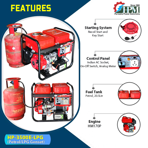 3 KVA Portable Generator, Petrol & LPG RUN, Model HP-3500E-LPG